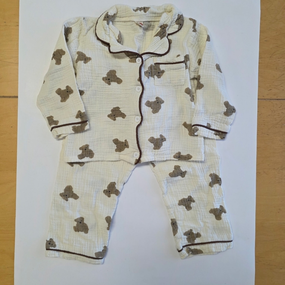 Kids Cream and Brown Bear Print Matching Pajama Set